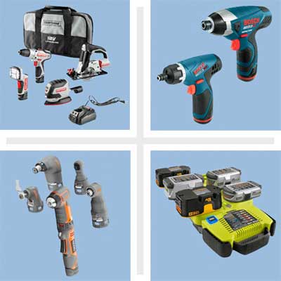 composite of four examples of cordless tools