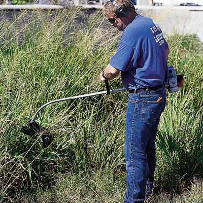 string trimmer trimming grass from the top down