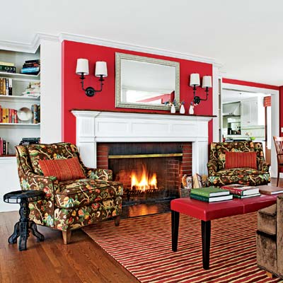 the Auburndale TOH TV Project finished living room with refurbished fireplace