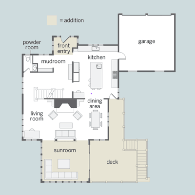 the Auburndale TOH TV Project floor plans with additions marked in beige