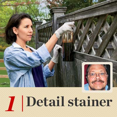 woman spraying stain from a spray bottle demonstrating reader tip to save time and money