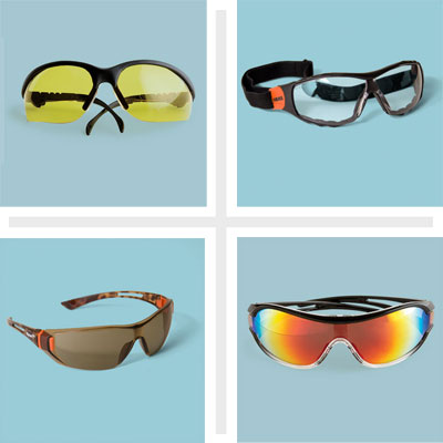 composite of four types of workshop safety glasses