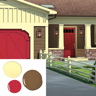 ranch house with bark, cream and red paint scheme