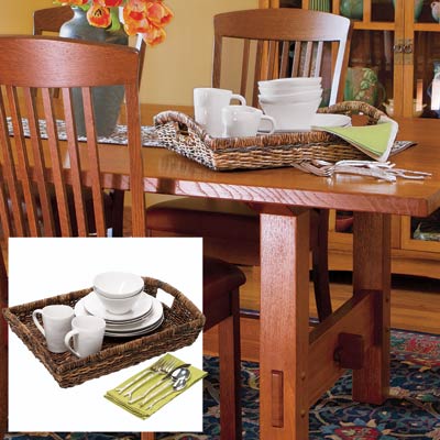 cups, bowls and saucers on a tray with napkins and silverware on a dining room table