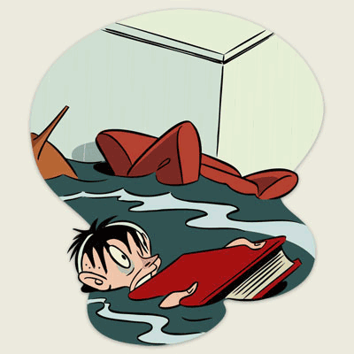 an illustration of man floating in flooded basement