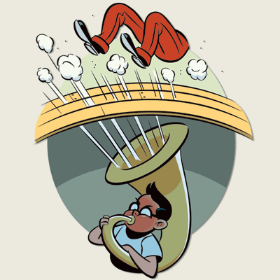 an illustration of a tuba player lifting a man off his feet with the sound from below the floor