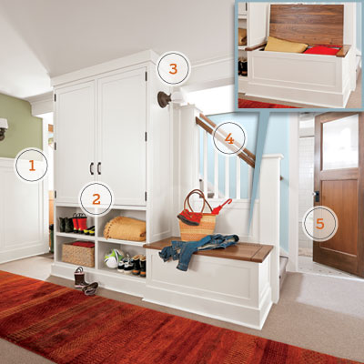 a basement mudroom area with inset of built-in storage bench