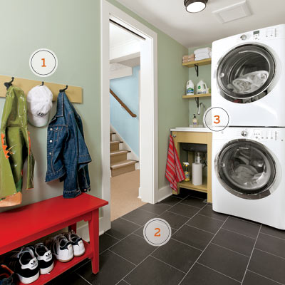 a basement space that serves the purpose of mudroom and laundry room