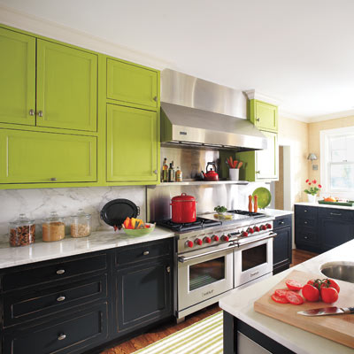 kitchen with green and black cabinets