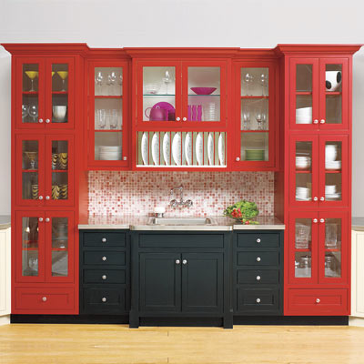 kitchen with red and black painted cabinets