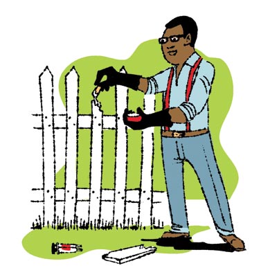man using wood glue to fix splintered fence picket