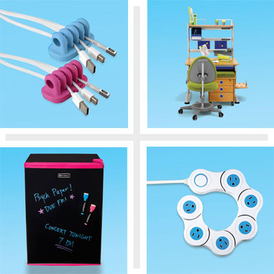 clockwise from top left, cord tamer, ergonomic chair and desk, bendable surge protector, and blackboard mini-fridge