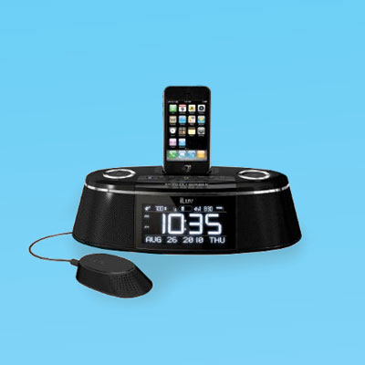 a iPhone charger station with speakers and built-in alarm clock with bed-shaker