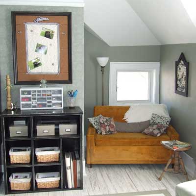 Home office sitting area and book shelves