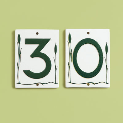 Pre-War style white clay house number tiles with cattails design