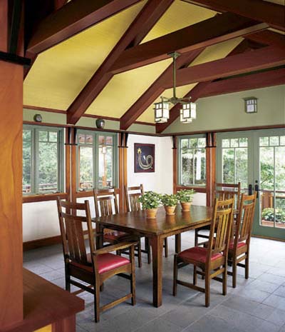 Craftsman with exposed rafters in the dining room