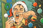 illustration of man sneezing beside of Christmas tree