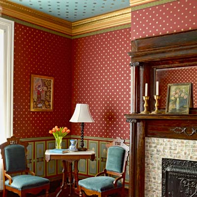 1879 parlor with paint stenciling to look like period wallpaper