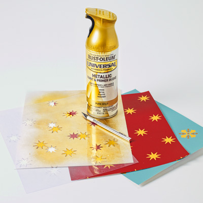 wallpaper samples, clear plastic, X-Acto knife, spray paint.