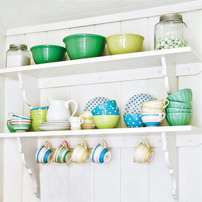 cottage style kitchen with open shelving 