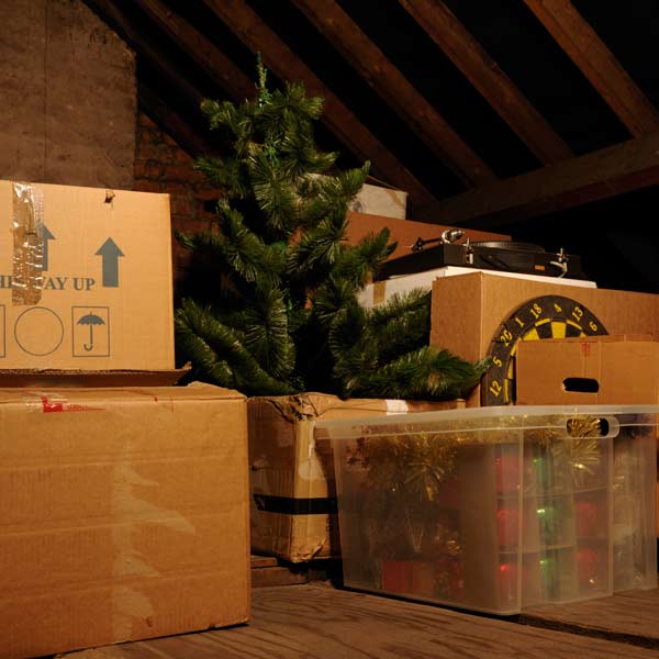 attic full of Christmas decorations for storage