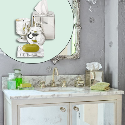 tissue holder, glass soap dish, mercury-glass candle