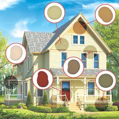 illustrated version of farmhouse with paint dabs to show what colors went where