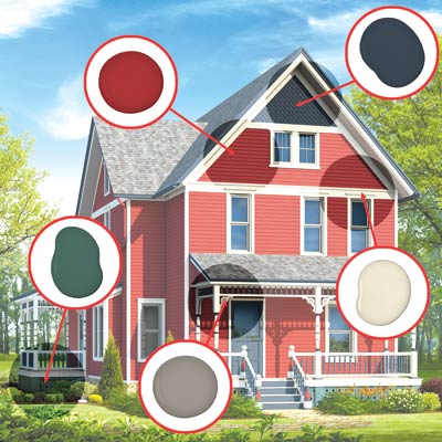 illustrated farmhouse in red scheme with paint dabs to show which colors went where