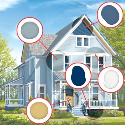 illustrated farmhouse in blue scheme with paint dabs to show which colors went where