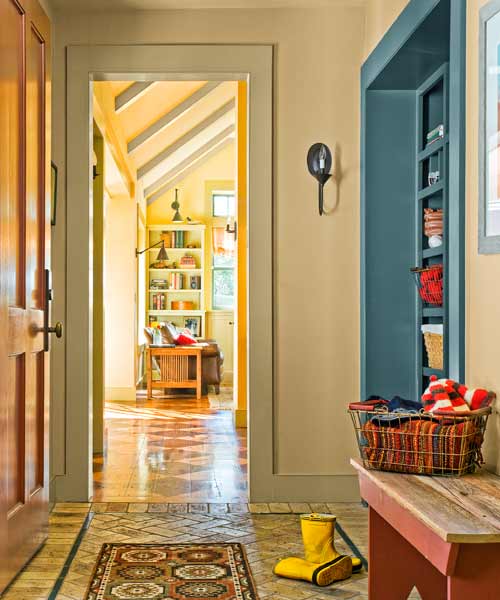whole-house farmhouse remodel after main entry with built-in storage