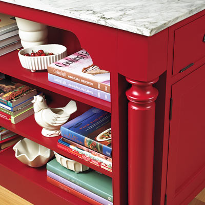 red Shaker-style flat-panel cabinet in kitchen island with oversized details