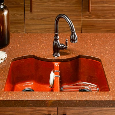 Kohler Bellegrove double-bowl cast-iron sink with contoured sides in Ember color