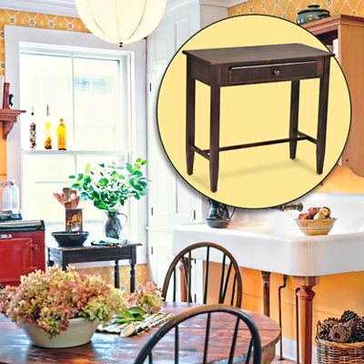 a farmhouse kitchen brightened up with color and rustic touches; inset of accent table