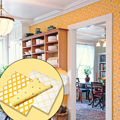 a farmhouse kitchen brightened up with color and rustic touches; inset of wallpaper