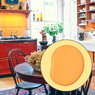 a farmhouse kitchen brightened up with color and rustic touches; inset of orange-yellow paint