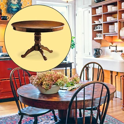 a farmhouse kitchen brightened up with color and rustic touches; inset of dining table