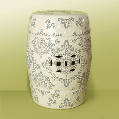 a white ceramic garden stool with grey, Indian-style pattern