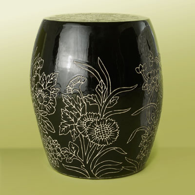 a black ceramic garden stool with modern floral pattern