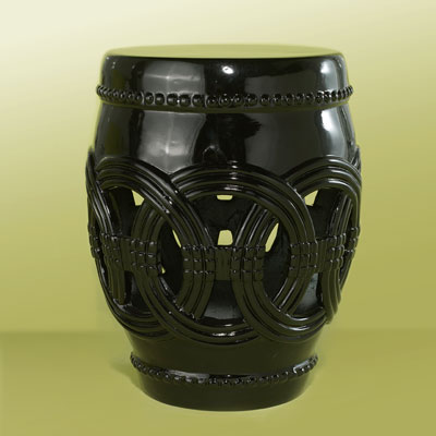 a black, fluted fiberglass garden stool