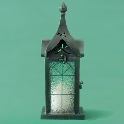 green painted iron metal candle lantern