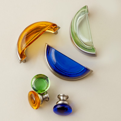 colorful glass knobs and bin pulls