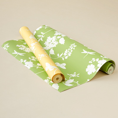 yellow and green wallpaper with white floral and butterfly print 