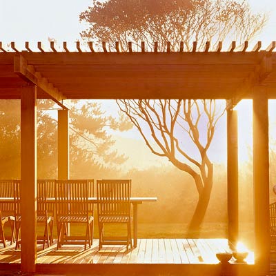 trees seen through a sunlit haze beyond a pergola and deck