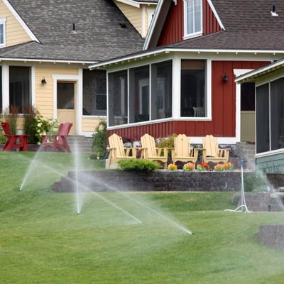 water sprinklers irrigating a landscaped residential area