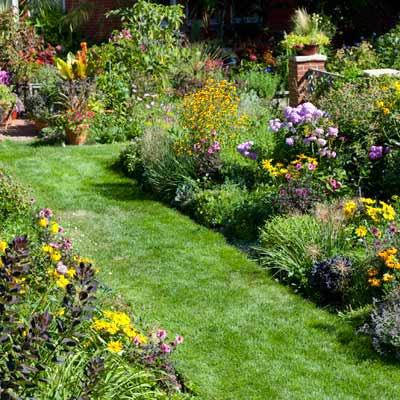 wide promenade with wide beds of perennials