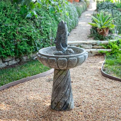 birdbath with fish statue at center in garden path 
