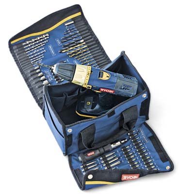 compact, tote polyester tool bag unrolls to display 100 clearly labeled drilling and driving bits
