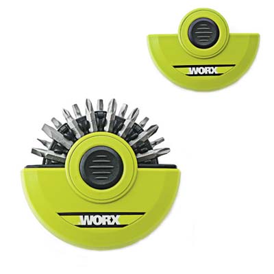 a plastic disk full of 15 driving bits held in place by magnets