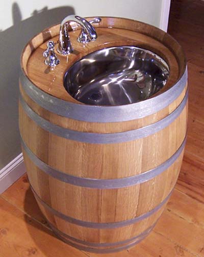 sink made from a salvaged wine barrel