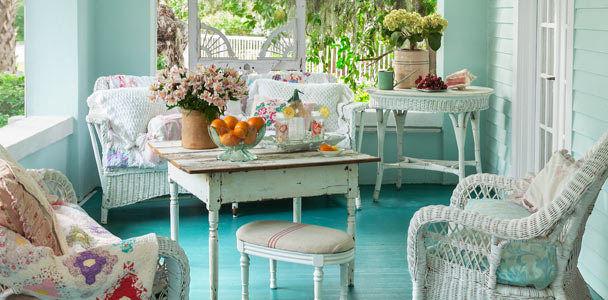 upgrade outdoor room porch with bluegreen walls and floor, white ceiling, vintage-style furniture